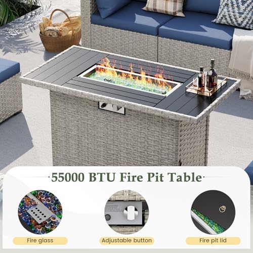 Outdoor Patio Furniture Set with Fire Pit 8 Pcs Wicker Sectional Sofa Blue - Image 3