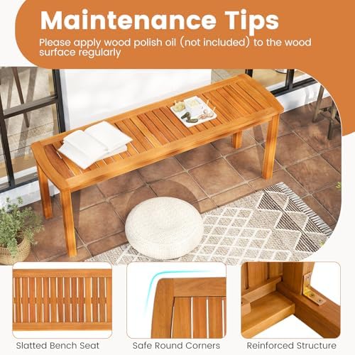 Tangkula 3 Piece Acacia Wood Patio Dining Table Set, 63" Large Patio Table & 2 Backless Benches w/Umbrella Hole, Farmhouse Indoor Outdoor Diner Furniture for Garden Poolside Deck Kitchen - Image 6