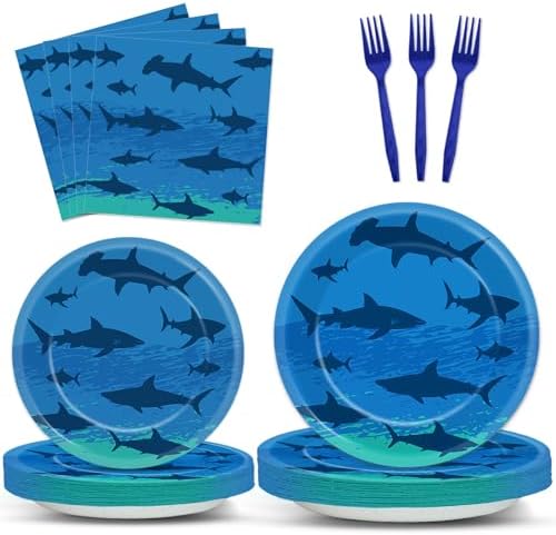 96PCS Shark Birthday Paper Plates Napkins Forks Set for Ocean Shark Themed Party Disposable Decor Under the Sea Party Tableware Sets for Baby Shower Ocean Animal Theme Party Decorations by Oitnlaughter