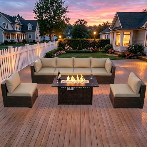LEVELEVE 8-Piece Wicker Patio Conversation Set with 44" Propane Fire Pit Table, Cozy Outdoor Sectional Sofa for Backyard Gatherings, Poolside Lounging & Garden Parties by Enjoyyourlife