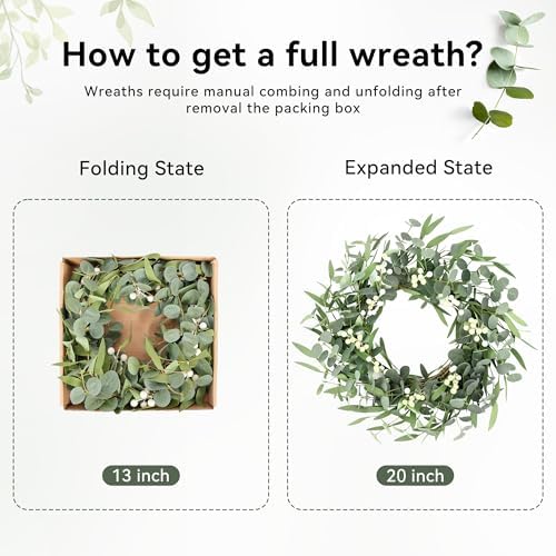 Pinkpum 20'' Eucalyptus Wreath for Front Door Green Decor for Home Farmhouse Wall Spring Summer Fall Outdoor Indoor Porch Window All Seasons - Image 2