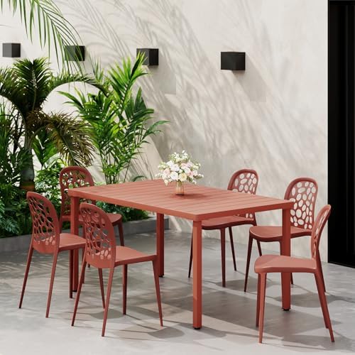 Costaelm Outdoor Dining Table for 6, Rectangular Metal Patio Table, 6-Person Weather Resistant Steel Slat Table for Lawn Garden Backyard, Red - Image 3