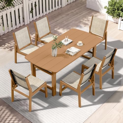 Ciokea HDPE Outdoor Dining Set, Patio Table and 6 Stackable Chairs, Teak by CIOKEA