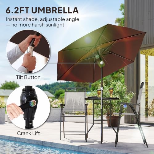 Outsunny 4 Piece Outdoor Patio Dining Furniture Set, 2 Folding Chairs, Adjustable Angle Umbrella, Wave Textured Tempered Glass Dinner Table, Beige - Image 3
