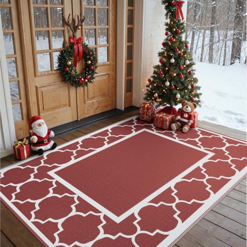 GENIMO Outdoor Rug, Waterproof Plastic Rugs for Patio, 5'x8' Red White - Image 2