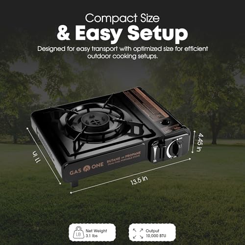 GasOne 10,000 BTU Dual Fuel Camp Stove – Butane and Propane Burner Portable Stove Camping Grill with Adjustable Heat Dial, Carry Case, Automatic Electric Ignition – Safe and Durable Construction - Image 3