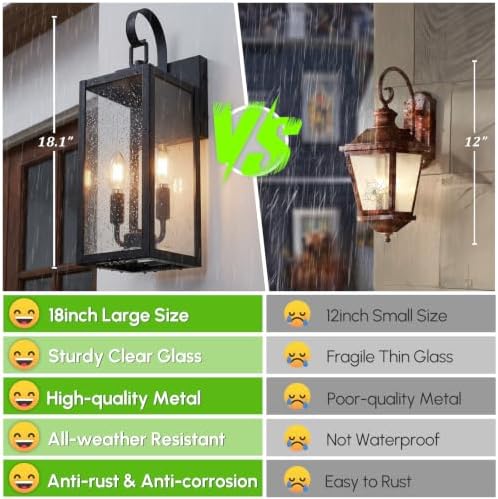 BesLowe 18" Large Outdoor Wall Light, 2-Light Black Exterior Sconce - Image 3