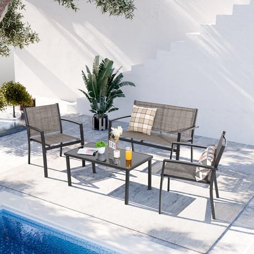 Shintenchi 4 Pieces Patio Furniture Set All Weather Textile Fabric Outdoor Conversation Set, with Glass Coffee Table, Loveseat, 2 Single Chairs for Home, Garden, Lawn, Porch（Light Brown） - Image 7