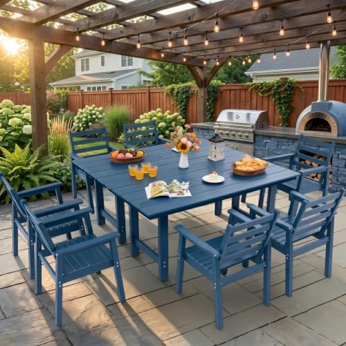 10-Piece Outdoor Dining Set, All-Weather HDPE Patio Furniture, Two 66.5" Slatted Table with 1.6" Umbrella Hole & 8 Ergonomic Armchairs, Heavy Duty 350lbs Capacity, UV Resistant, Blue - Image 6