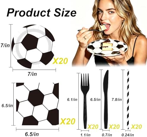 Autumn Football Games Party Supplies Set,Disposable Tableware Kit - 20 Plates, 20 Soccer Printed Napkins, 20 Forks & Knives, 20 Soccer Printed Straws, Essential for Watching Games & Gatherings(20sets) - Image 2