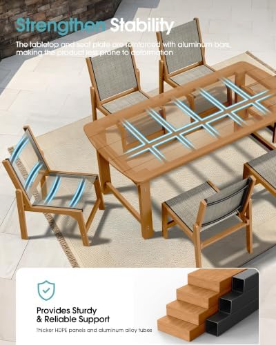Ciokea HDPE Outdoor Dining Set, Patio Table and 6 Stackable Chairs, Teak - Image 5