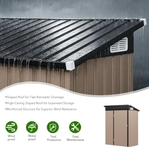 MXV 5x3 FT Outdoor Metal Storage Shed, Lockable Galvanized Steel Tool House with Sloped Roof, Waterproof Shed for Backyard, Garden, Patio, Brown - Image 5