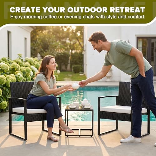 Flamaker 3 Pieces Patio Furniture Set Outdoor Wicker Bistro Chair (White) - Image 6