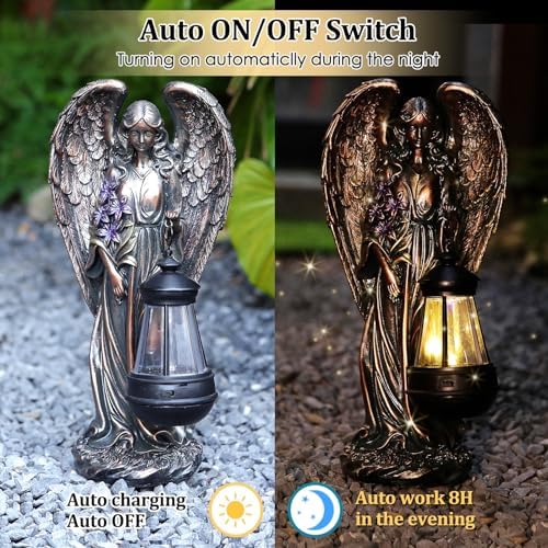 VChymm Solar Angel Outdoor Garden Decor Statues – 13.2 inches Solar Outdoor Sculptures for Outside Yard Art Patio Balcony Front Lawn Ornaments Gifts for Mom Grandma Women（Bronze） - Image 4