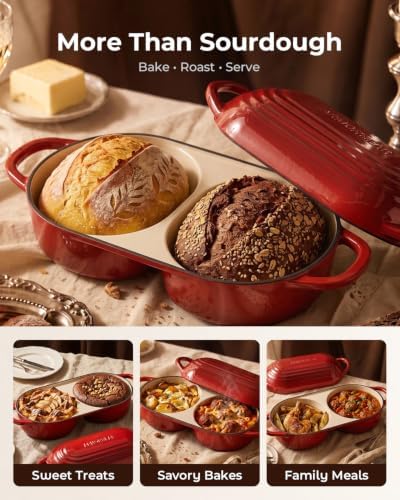Mini Double Dutch Oven for Sourdough, Enameled Cast Iron Bread Pan, Red - Image 3