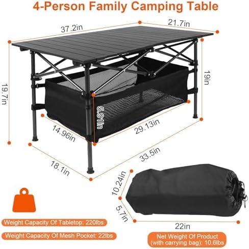 220lb Capacity Foldable Camping Table Aluminum Top Steel Frame with Mesh Basket Portable BBQ Picnic Beach Table Carry Bag for Outdoor Dining Travel - Image 2