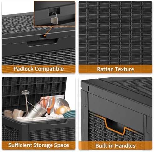 32 Gallon Outdoor Storage Box, Large Resin Deck Box for Patio Cushions, Garden Tools, Pool Accessories, Waterproof and Lockable Design, Storage Bench for Backyard & Deck(Black) - Image 6