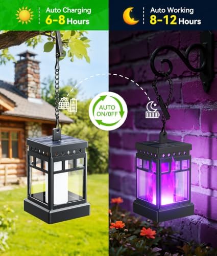 KOOPER Hanging Solar Lanterns Outdoor Waterproof, 2PCS Flickering Flame Hanging Solar Lights for Outside, Outdoor Solar Lanterns up to 12 Hours, Lanterns Decorative for Patio Yard Decor (Purple Light) - Image 6