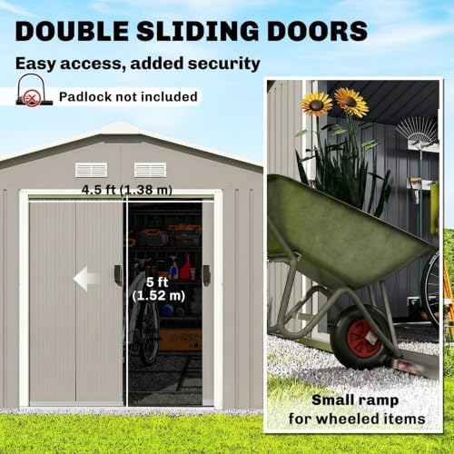 Outsunny 11' x 13' Outdoor Storage Shed, Garden Tool Metal Shed with Foundation Kit, Double Lockable Door, Air Vents and Sloping Roof, for Backyard, Patio, Lawn, Light Gray - Image 4