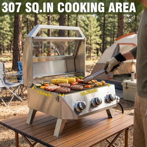 BESTFIRE Portable Propane Grill, 3-Burner Tabletop Gas Grill with 2-in-1 Connection for 1lb/20lb Tanks, 30,000 BTU Stainless Steel BBQ with Observation Window & Thermometer for Outdoor, Tailgating - Image 4