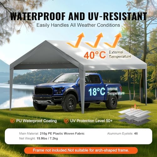 VEVOR Carport Replacement Canopy Cover 12 x 20 ft, Garage Top Tent Shelter Tarp Heavy-Duty Waterproof & UV Protected, Easy Installation with Ball Bungees,Grey (Only Top Cover, Frame Not Include) - Image 3
