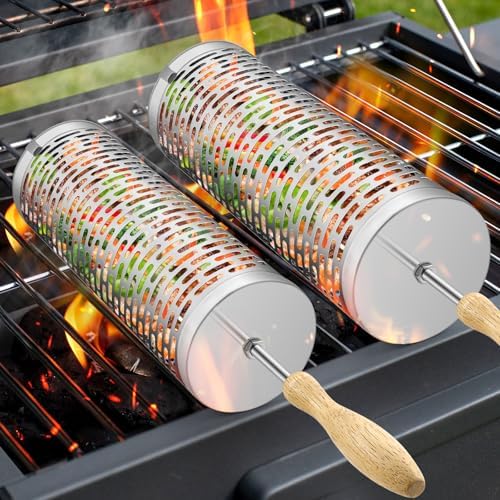 Rolling Grill Baskets,【2025Upgraded】 2Pcs Nesting Grilling Net with Removable Wooden Handle,BBQ Accessories Tools for Vegetables Shrimp,Outdoor Camping Barbecue Rack,Gifts for Men Dad (Stainless Steel,Rectangle) by Ynredee