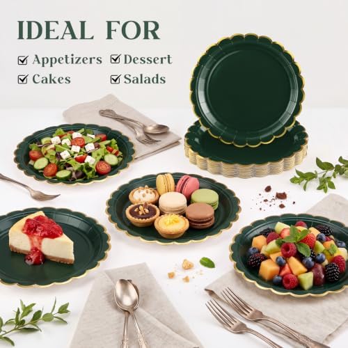 NatNarr 30 Pk Green Plates 9" Scalloped Dark Green Plates with Gold Rim - Image 4