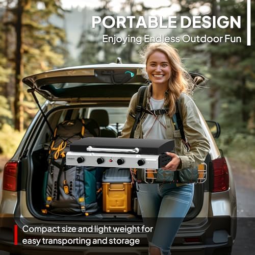 ROVSUN 4 Burner Portable Propane Griddle with Enameled Tray & Lid, 40,000 BTU Tabletop Flat Top Gas Grill with Electronic Ignition & Regulator for Outdoor Cooking Camping BBQ Tailgating - Image 4
