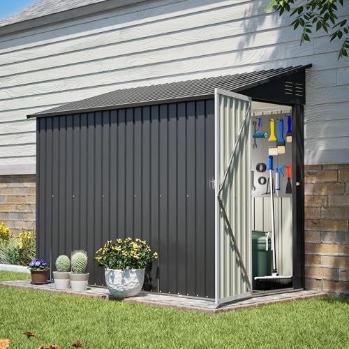 YOPTO 4x8 FT Lean to Outdoor Storage Shed,Metal Shed W/Floor Frame & Reversible Installation,All Weather Waterproof Garden Tool House W/Lockable Door & 2 Air Vents,for Backyard,Patio,Lawn,Black by YOPTO