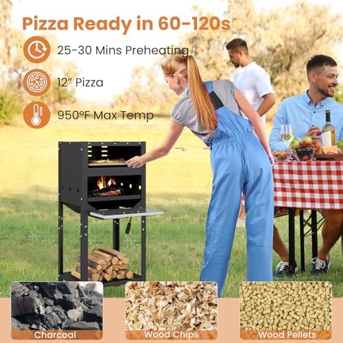 Happygrill 12” Pizza Oven Outdoor with Wood Storage, Stone & Peel - Image 3