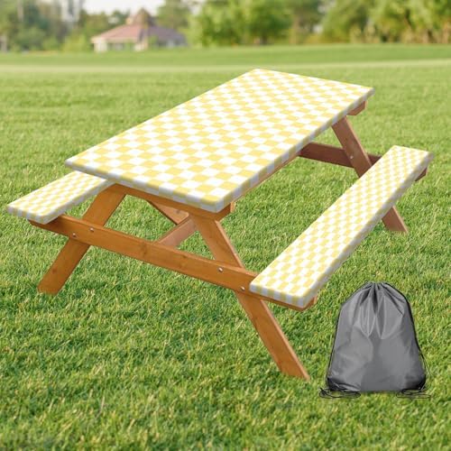 Picnic Table Cover with Bench Covers and Bag, Yellow White Checkered Gingham Buffalo Plaid Camping Tablecloth Waterproof Windproof Elastic Edges Fitted Tablecloths for Outdoor Garden 3PCS 30x72 Inch by Xguatan