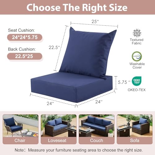 Outdoor Deep Seat Cushion Set, 24x24 Inch, Navy Blue, Set of 1 - Image 2