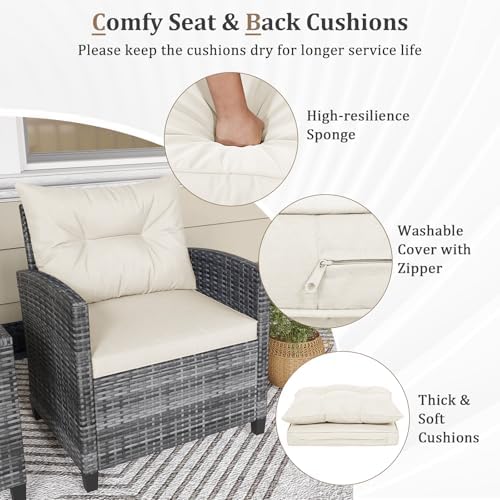 KOTEK 3 Piece Patio Furniture Set, Outdoor PE Rattan Conversation Set with Washable Cushions & Tempered Glass Tabletop, Wicker Chairs and Table Set for Porch, Garden, Balcony (White) - Image 4