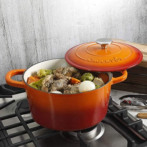 Crock-Pot Artisan 5-Quart Round Enameled Cast Iron Dutch Oven – Sunset Orange, Durable Heavy-Duty Cookware for Slow Cooking, Roasting, Baking with Lid - Image 6