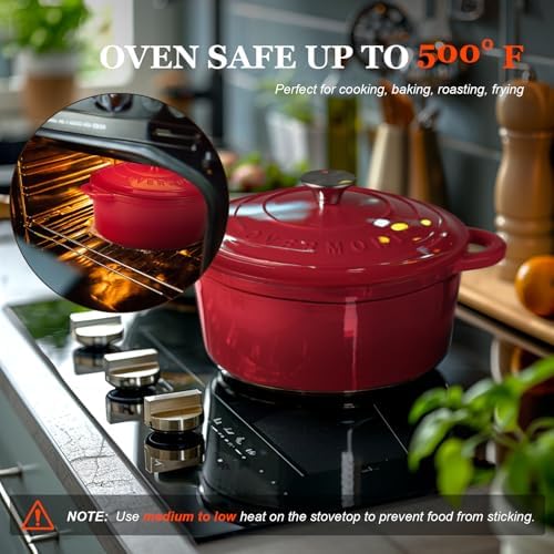 Overmont Enameled Cast Iron Dutch Oven - 4.5QT Pot with Lid Cookbook & Cotton Potholders - Heavy-Duty Cookware for Braising, Stews, Roasting, Sourdough Baking red - Image 4