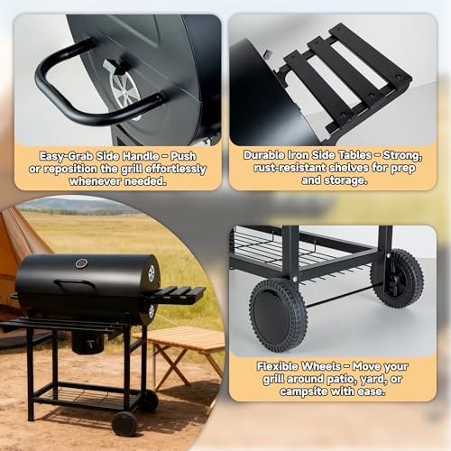 27" Large Charcoal Grill with Lid, Outdoor BBQ Grill with Thermometer, Side Shelves, Wheels & Ash Catcher, Barrel Smoker for Backyard Cooking - Image 5