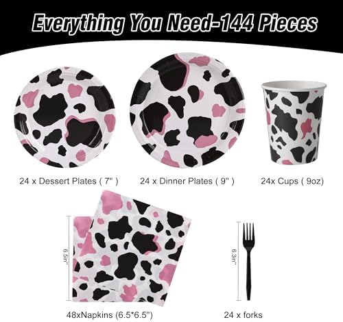 144 Pcs Cow Print Tableware Set for 24 Guests, Heavy-Duty 7" & 9" Paper Plates, Cups, 2-Ply 13" Napkins & Plastic Forks, Disposable Party Supplies for Cow Birthday, Farm and Western Party - Image 2