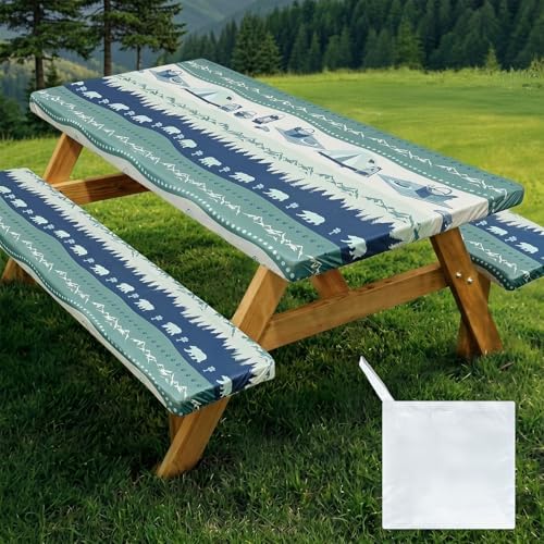 Picnic Table Cover with Bench Covers - Waterproof Fitted Tablecloth for 6 Ft Rectangle Tables, Windproof Elastic Edge Camping Essentials RV Accessories with Integrated Storage Bag by pickyNproud