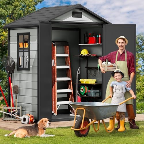 DWVO 6x4 FT Resin Storage Shed with Reinforced Floor, Outdoor Storage Shed with Lockable Door, Window and Vents, Waterproof Plastic Tool Storage for Garden, Backyard, Patio, Lawn(Blue-Gray+Black) - Image 2