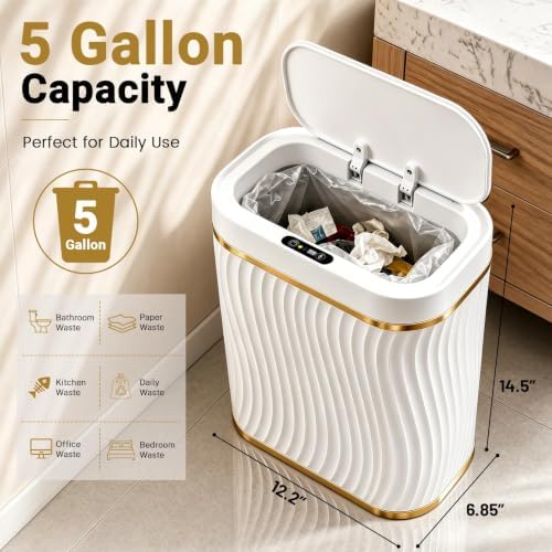 Ogikey Bathroom Trash Can with Automatic Touchless Lid, 5 Gallon Smart Garbage Can Narrow Waterproof Trash Bin for Bedroom, Office, Living Room (5 Gallon-White) - Image 2