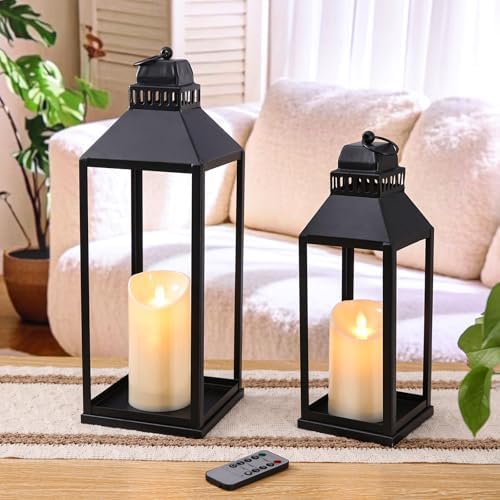 Decorative Lanterns Indoor Outdoor, 2Pcs 17" 13" Black Lantern with Candles - Image 4