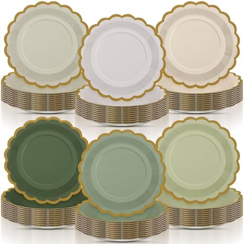 96 Pcs Sage Paper Plates 9 Inch Scalloped by Tiangrid