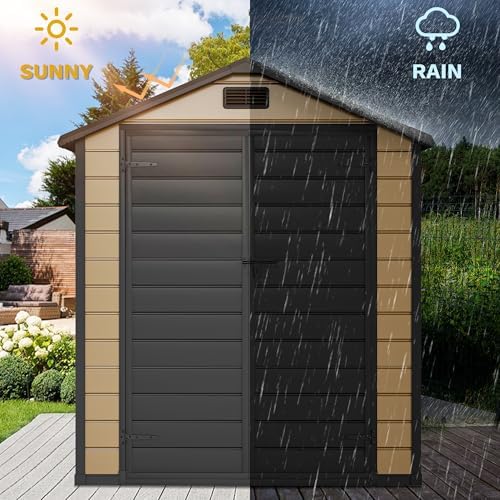 DWVO 6.2x3.4 FT Outdoor Resin Storage Shed with Floor, All-Weather Bike Storage Shed with Lockable Door, Window and Vent, Waterproof Plastic Tool Storage for Garden, Backyard, Patio, Lawn, Brown - Image 4