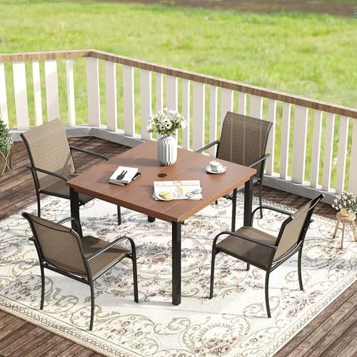 VICLLAX Outdoor Dining Set for 4, 5 Pieces Patio Dining Furniture Set with Umbrella Hole- 40.2" Patio Table and Chairs for Balcony, Garden and Deck, Walnut Tabletop by HOME