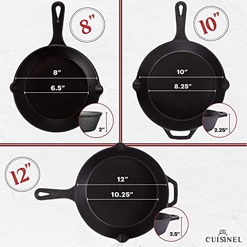 Cuisinel Cast Iron Skillets Set + Glass Lids - 8"+10"+12"-Inch Frying Pans + Silicone Handle Holder Covers - Pre-Seasoned Oven Safe Cookware - Indoor/Outdoor Use - Grill, Stovetop, Camping Fire Safe - Image 3