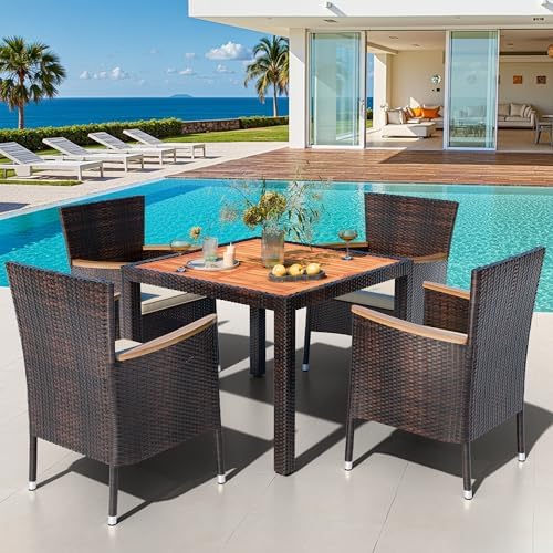 Shintenchi 5 PCS Patio Dining Set, Wicker Outdoor Table and Chairs with Soft Cushions, Patio Furniture Set with Wood Table Top for Backyard, Deck and Garden, Brown Wicker - Image 2
