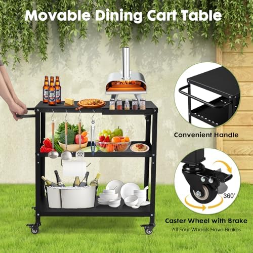 Outdoor Grill Cart Table, Pizza Oven Stand with Casters, Black - Image 5