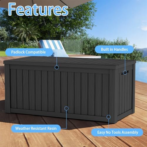 PatioZen 150 Gallon Deck Box, Resin Outdoor Storage Box with Lockable for Patio Furniture, Pool Accessories, Garden Tools Waterproof Outside Storage Box (Black) - Image 7