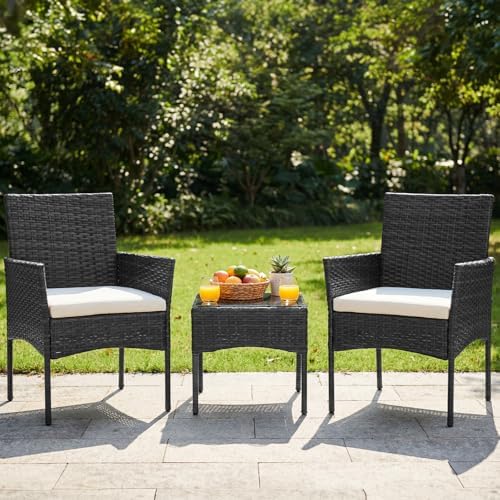DUMOS 3 Piece Patio Furniture Set, Outdoor Wicker Bistro Set, Black - Image 2