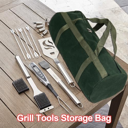 24" Grill Accessory Storage Bag, Tools Storage for Outdoor Grilling, Thick Canvas Double Zipper Utensil Carry Bag for Camping Hiking Barbecue, Dark Green - Image 5